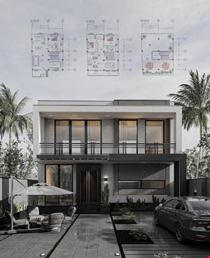 فایل اسکچاپ طراحی پلان، نما، محوطه و نمای ورودی ویلای مدرن در زمین ۲۷۰ متری