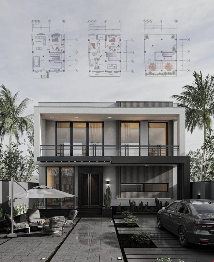 فایل اسکچاپ طراحی پلان، نما، محوطه و نمای ورودی ویلای مدرن در زمین ۲۷۰ متری