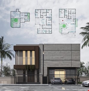  فایل اسکچاپ طراحی پلان و نمای ویلای مدرن دوبلکس به همراه محوطه‌سازی